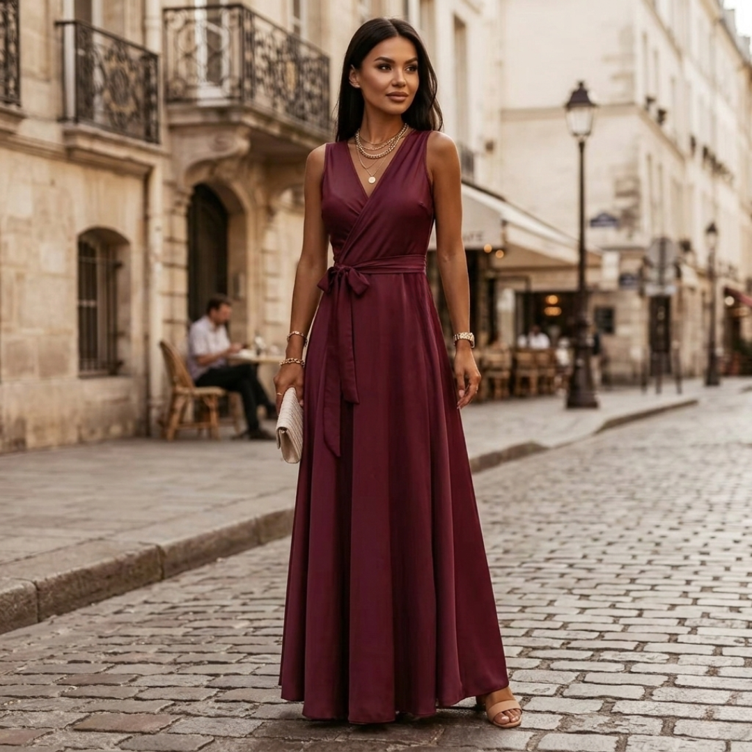 Abito Maxi Donna Elettrico con Scollo a V e Cintura