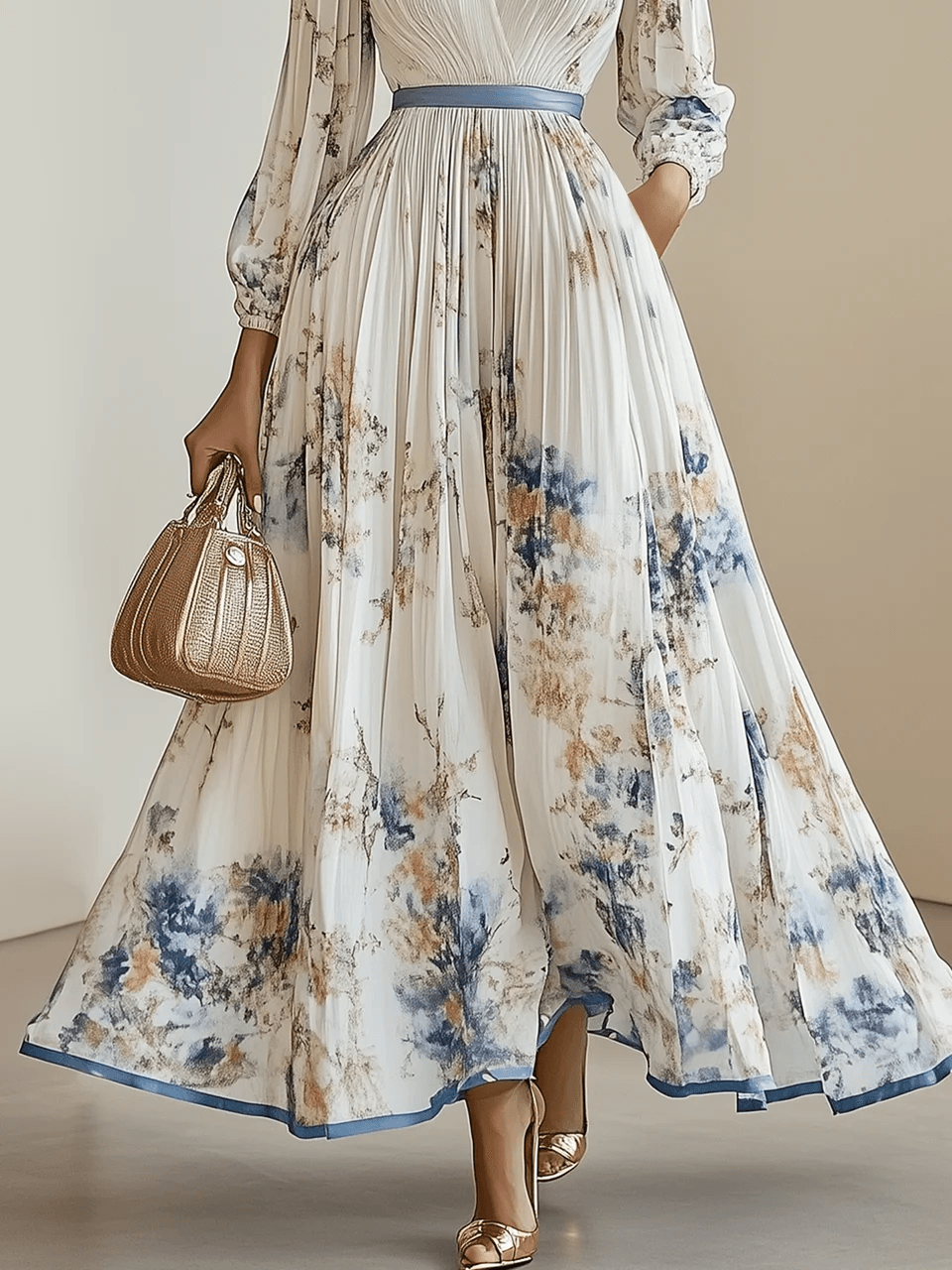 Abito Donna Chiffon Floreale Manica Lunga Scollo a V A-Line Maxi Dress – Cerimonia