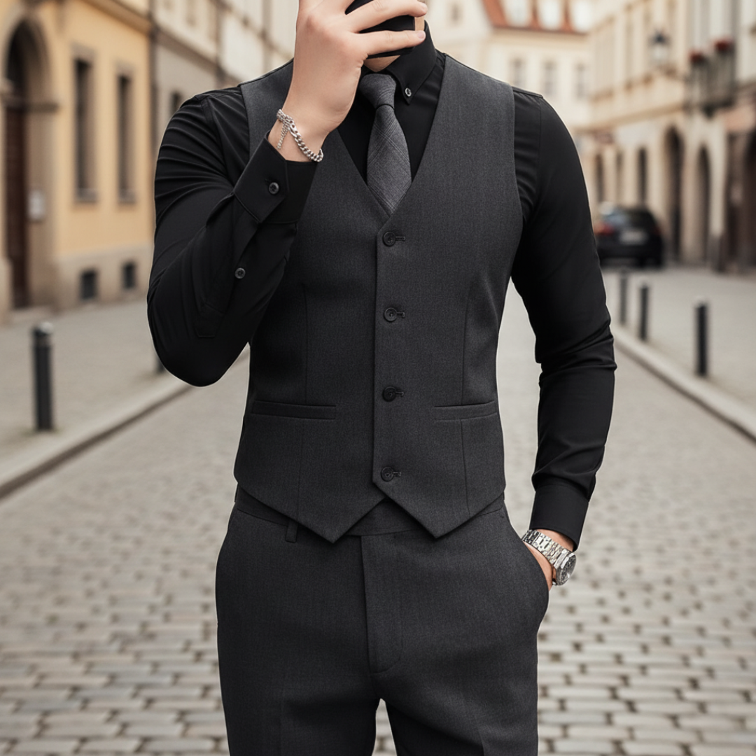 Gilet Uomo Slim Fit in Tessuto Stretch con Scollo a V e Bottoni