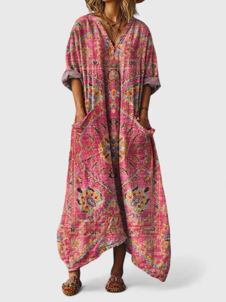 Abito Donna Stampa Vestibilità Ampia Scollo A V Maniche Lunghe Maxi