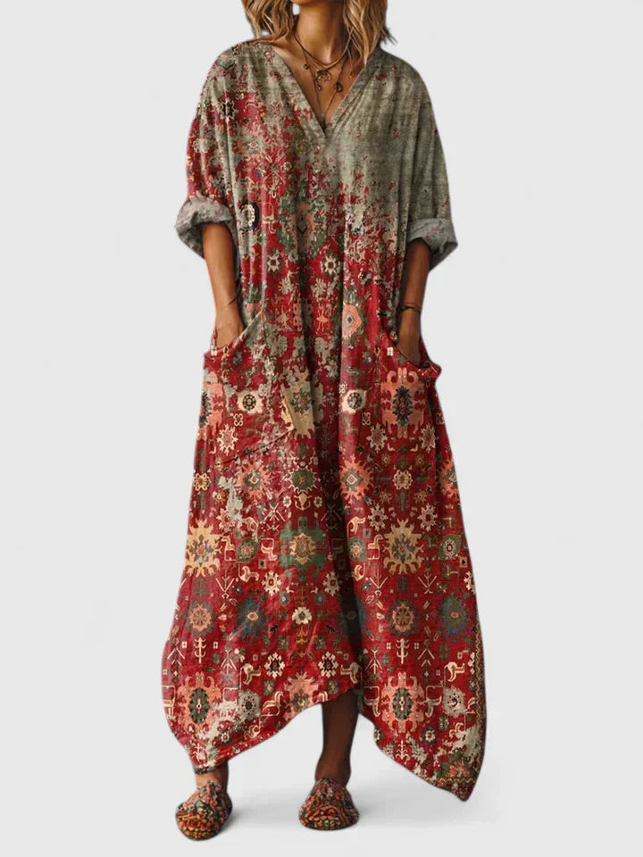 Abito Donna Stampa Vestibilità Ampia Scollo A V Maniche Lunghe Maxi