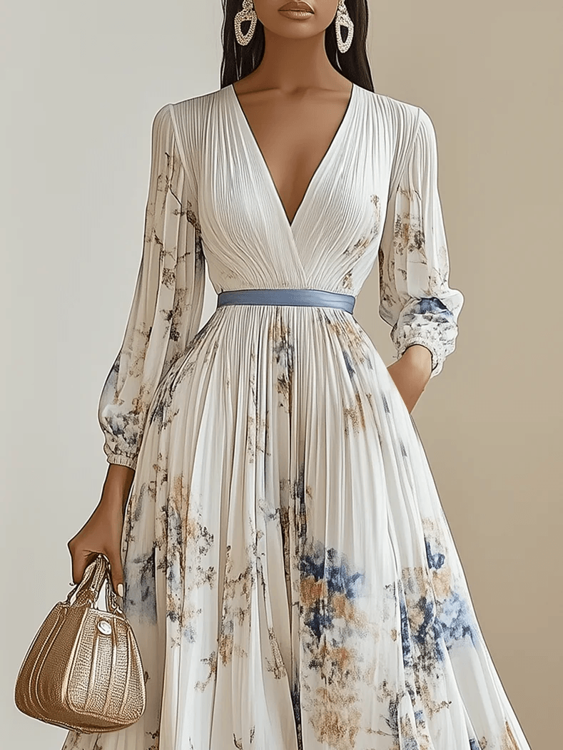 Abito Donna Chiffon Floreale Manica Lunga Scollo a V A-Line Maxi Dress – Cerimonia