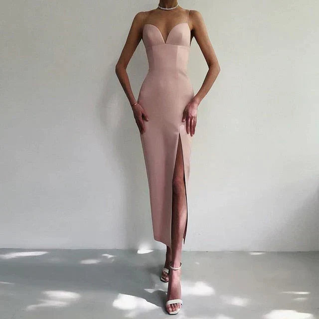 Abito Donna Velluto Slim Fit Scollo a V con Spacco Cerimonia