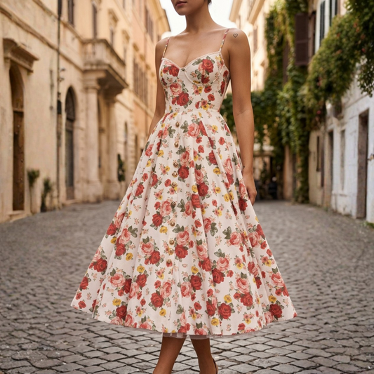 Abito Midi Donna in Raso con Corpetto e Spalline