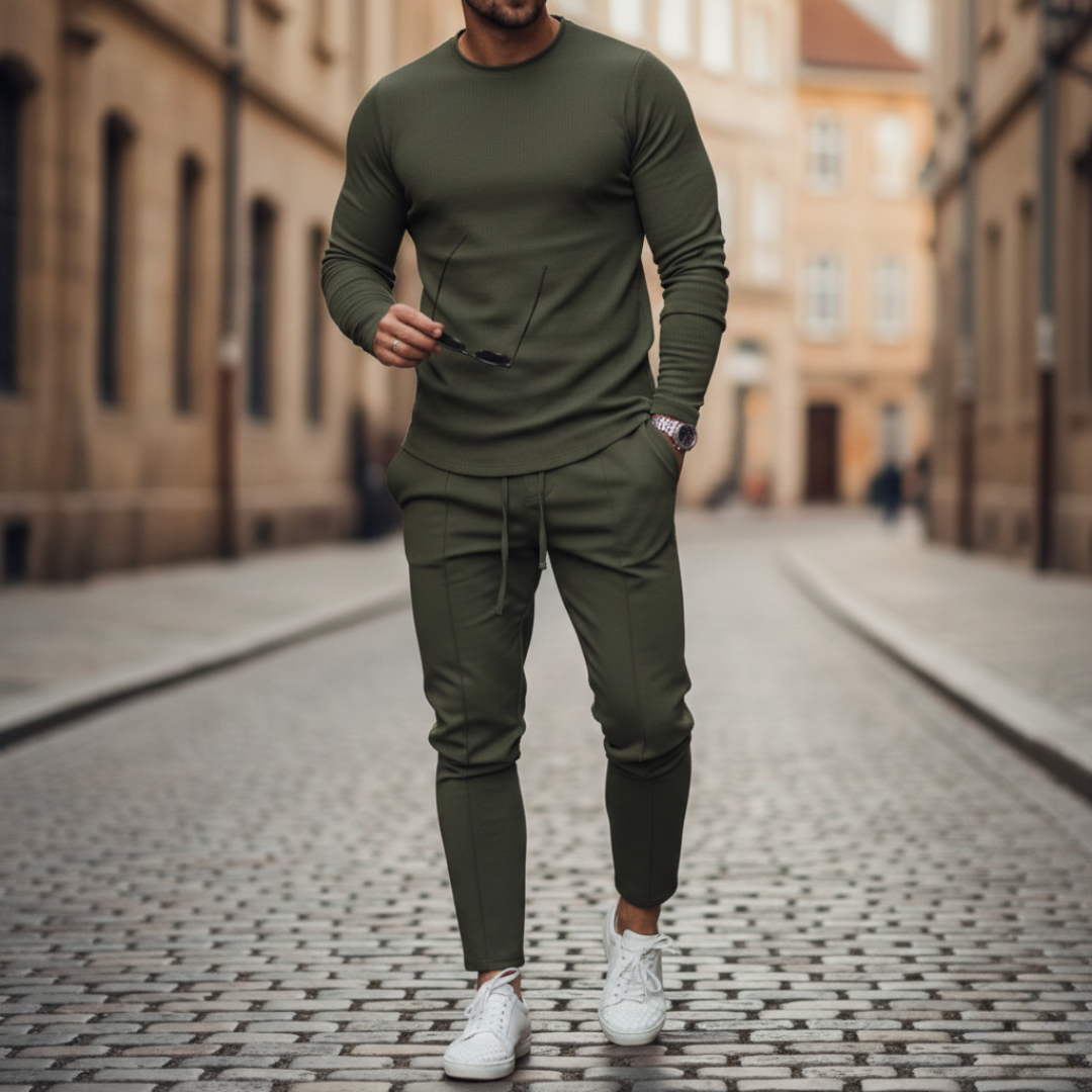 Set Coordinato in Maglia con Pantaloni Slim e Felpa a Girocollo Uomo