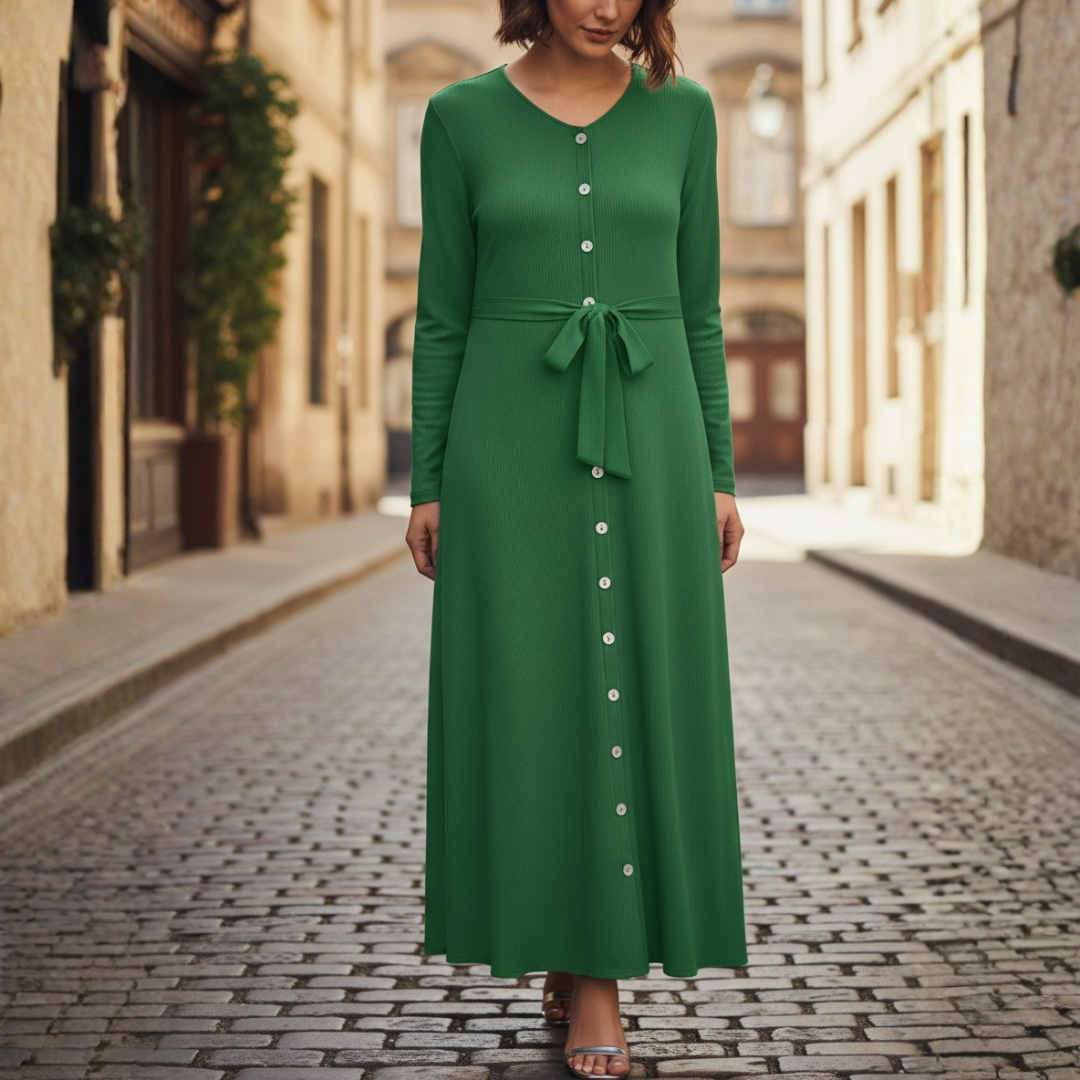 Abito Camicia Donna Maniche Lunghe con Cintura in Vita Bottoni e Scollo a V