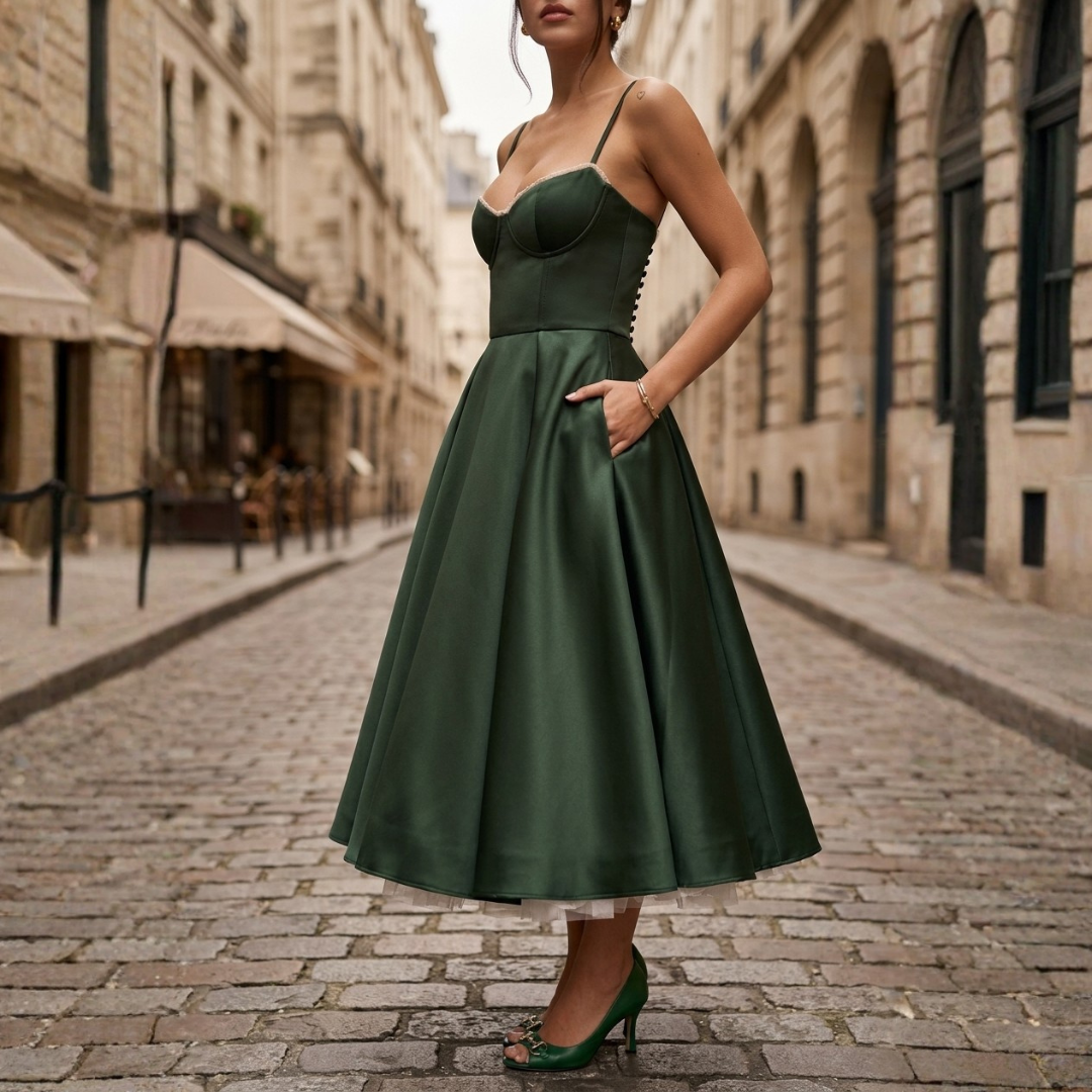 Abito Midi Donna in Raso con Corpetto e Spalline