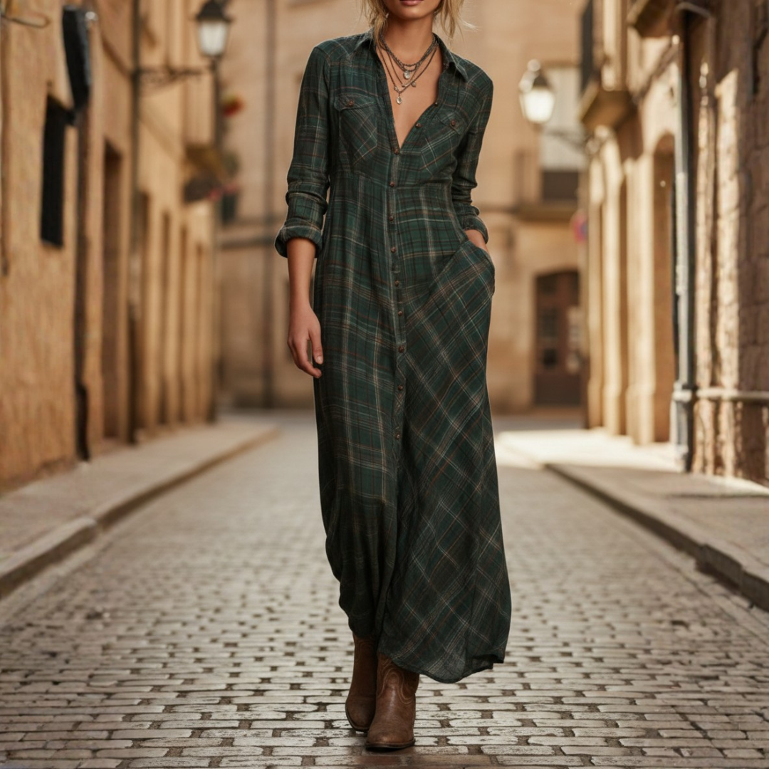 Abito Maxi Donna a Quadri con Bottoni e Maniche Lunghe