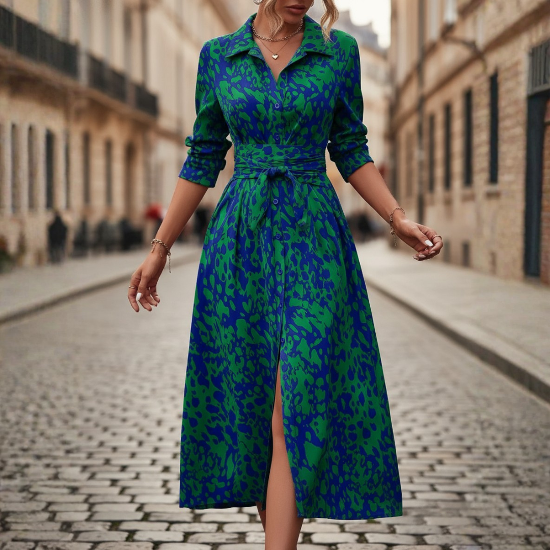 Abito Midi Donna a Fantasia con Cintura e Bottoni