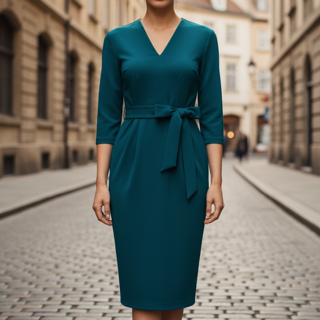 Abito Midi Donna Ottanio con Scollo a V e Cintura