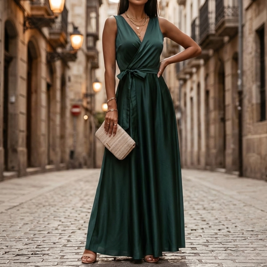 Abito Maxi Donna Elettrico con Scollo a V e Cintura