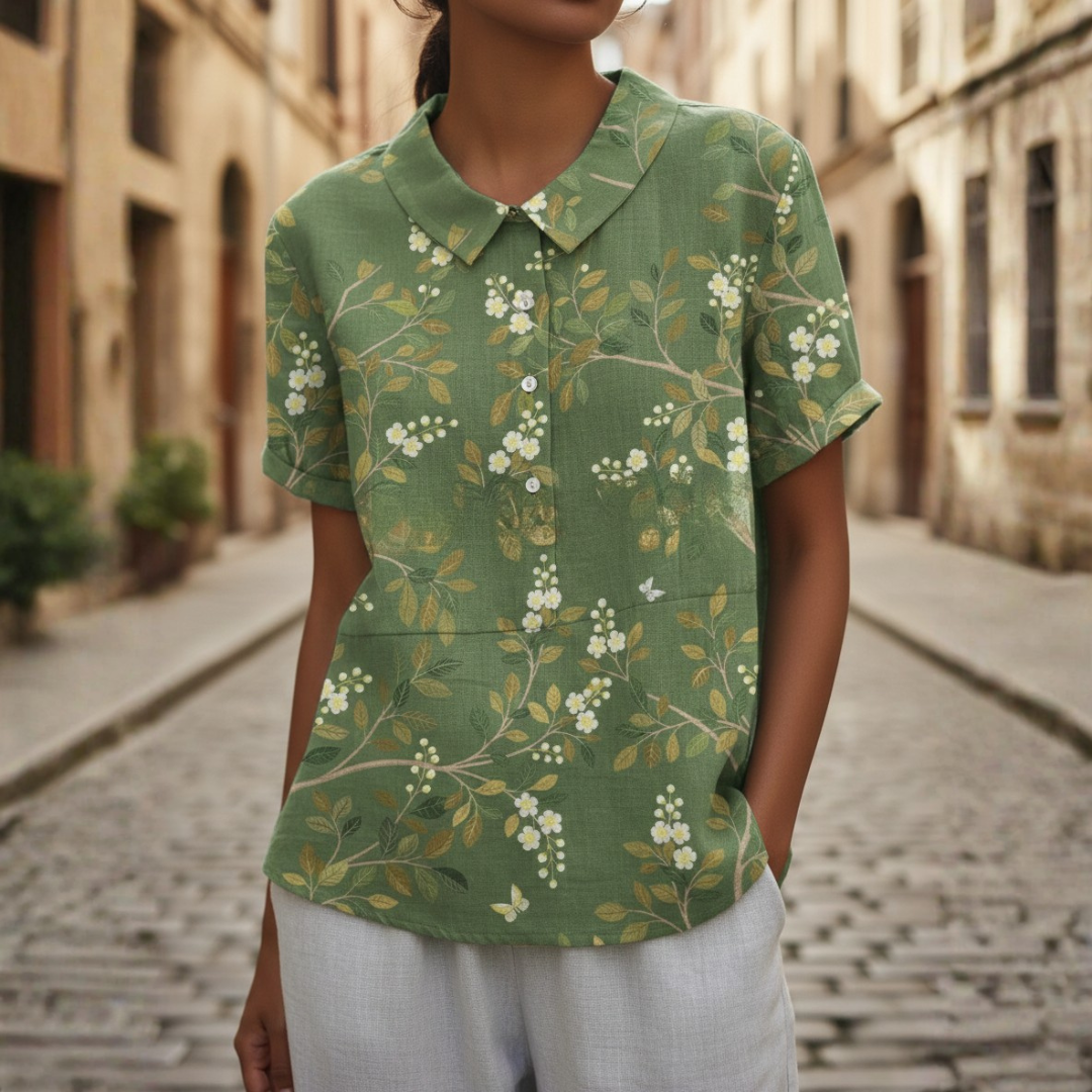 Camicetta Ricamata a Fiori Maniche Corte Colletto Peter Pan Donna