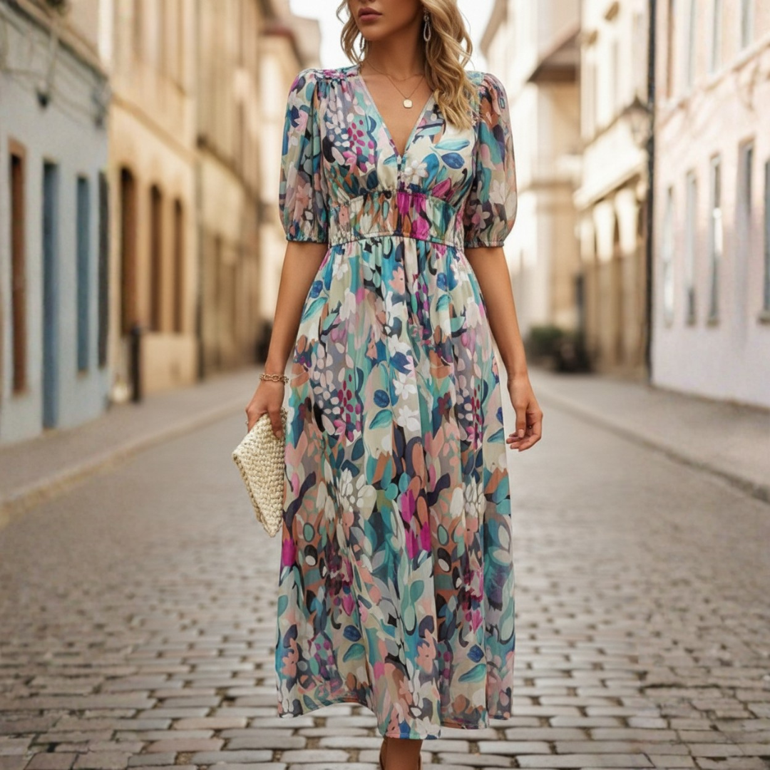Abito Midi Donna Scollo a V Stampa Geometrica