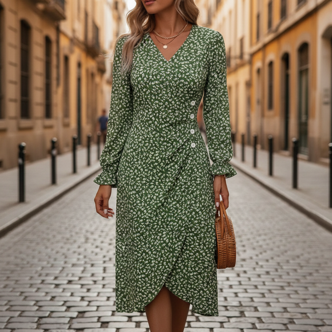 Abito Midi Donna Floreale con Scollo a V e Maniche Lunghe