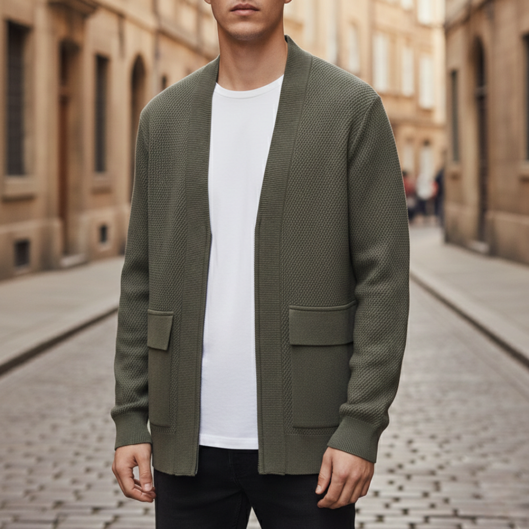 Cardigan Cashmere Chiusura Lampo Maglia Intrecciata Tasche Uomo