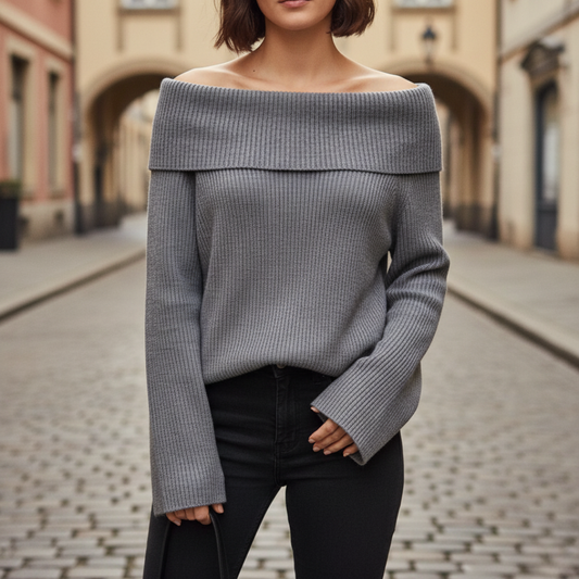 Maglia Donna Spalle Scoperte a Coste Misto Tessuti