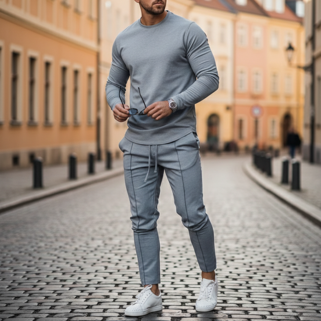 Set Coordinato in Maglia con Pantaloni Slim e Felpa a Girocollo Uomo