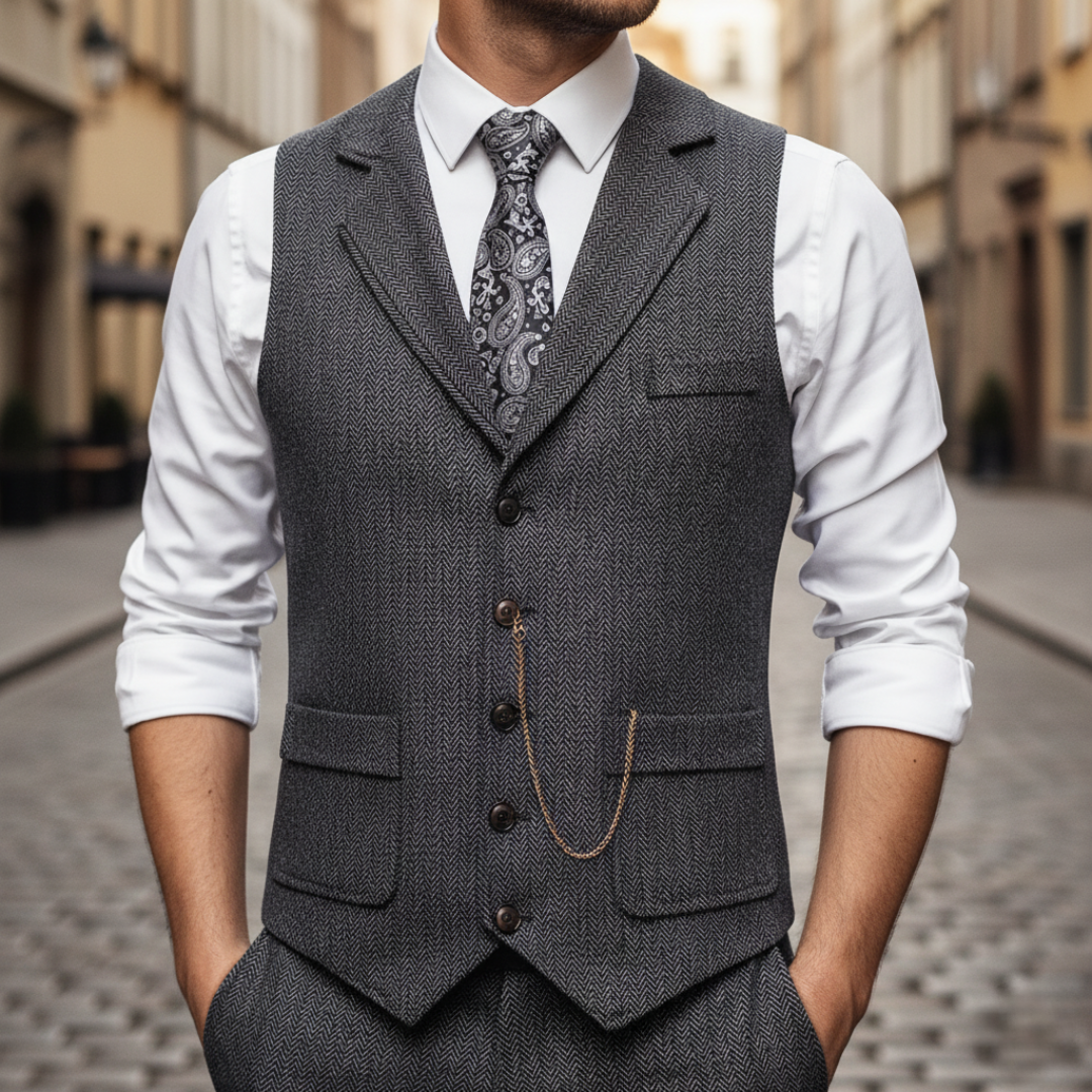 Gilet Uomo Slim Fit in Tweed Spigato con Revers e Bottoni
