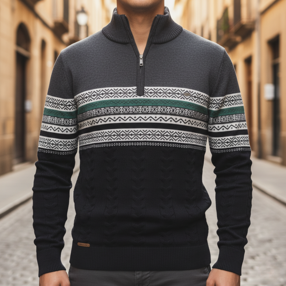Maglione Uomo Mezza Zip Tessuto Misto Fantasia