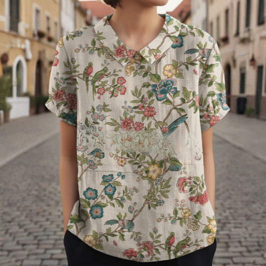 Camicetta Ricamata a Fiori Maniche Corte Colletto Peter Pan Donna