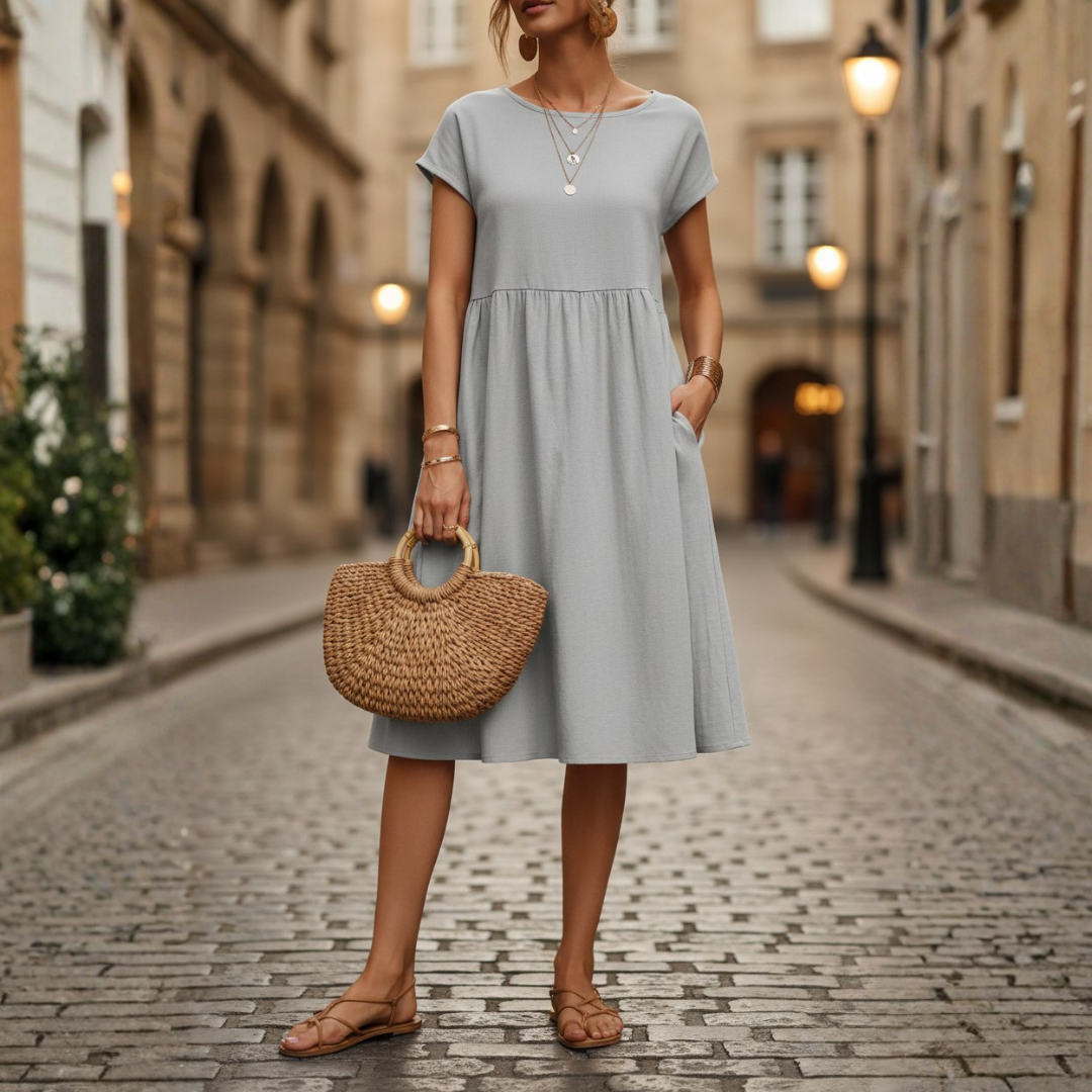 Abito Midi a Balze Maniche Corte Girocollo Donna