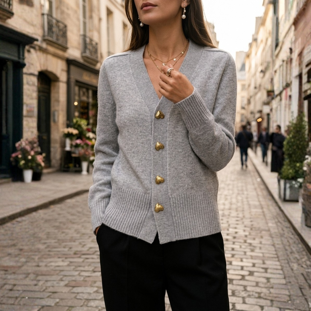 Cardigan Donna in Maglia con Bottoni Dorati a Cuore