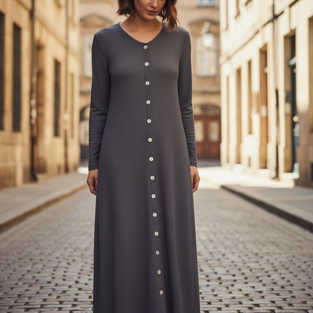 Abito Maxi Donna in Maglia Maniche Lunghe con Bottoni e Tessuto a Coste