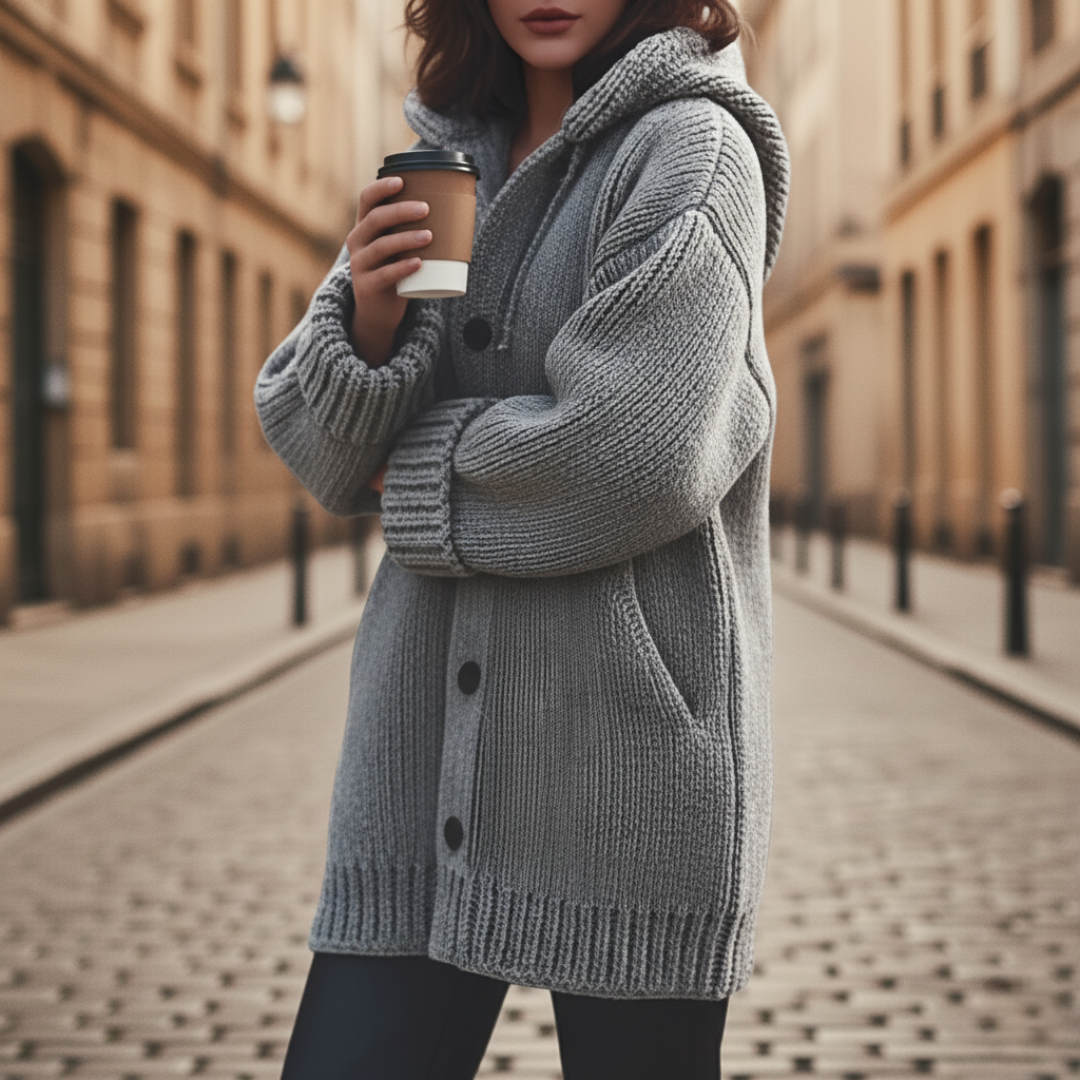Cardigan Oversize Donna con Cappuccio in Misto Fibre