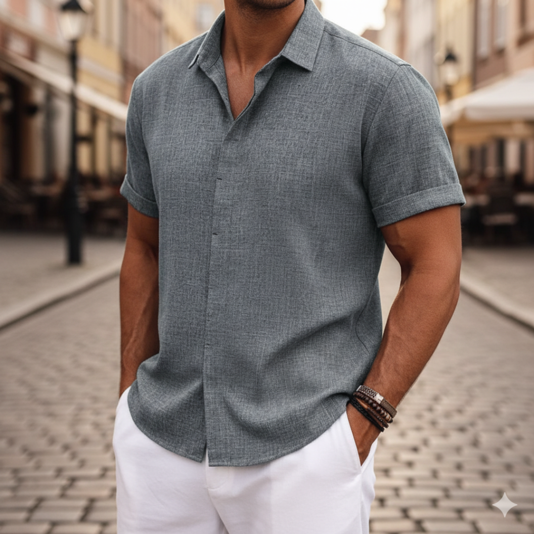 Camicia Uomo Manica Corta Casual Tessuto Misto