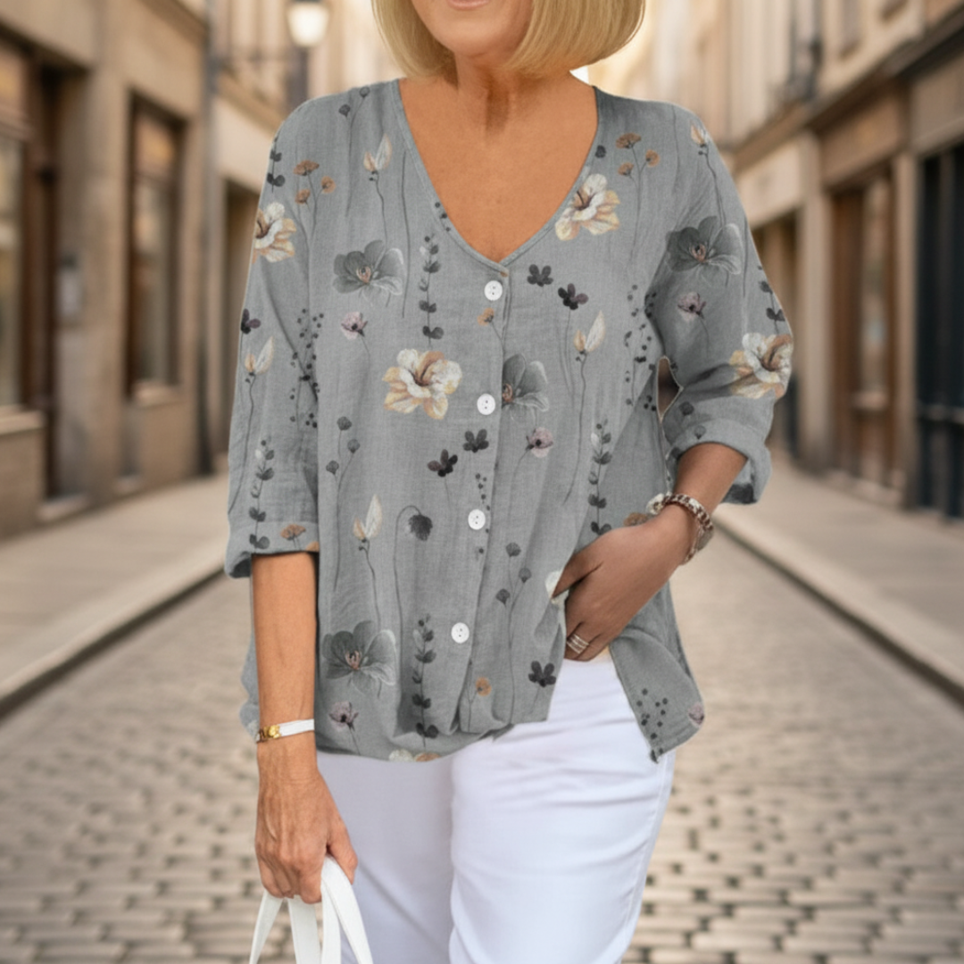 Blusa Donna Stampa Floreale Bottoni Scollo a V Manica Tre Quarti