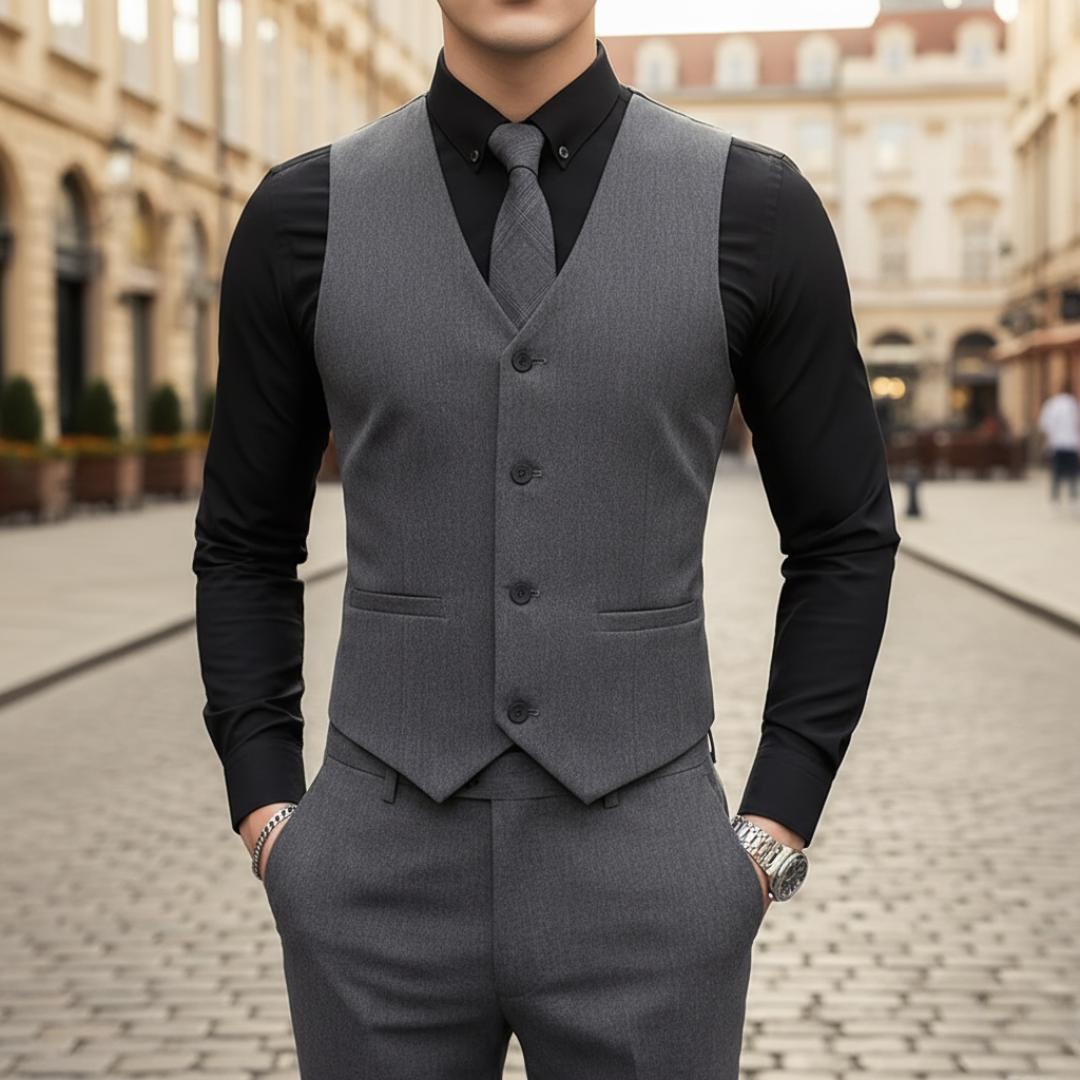 Gilet Uomo Slim Fit in Tessuto Stretch con Scollo a V e Bottoni