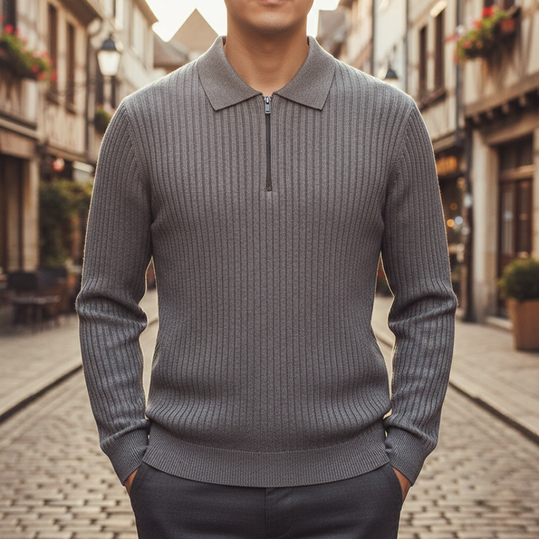Polo a Manica Lunga in Lana Merino con Zip Uomo