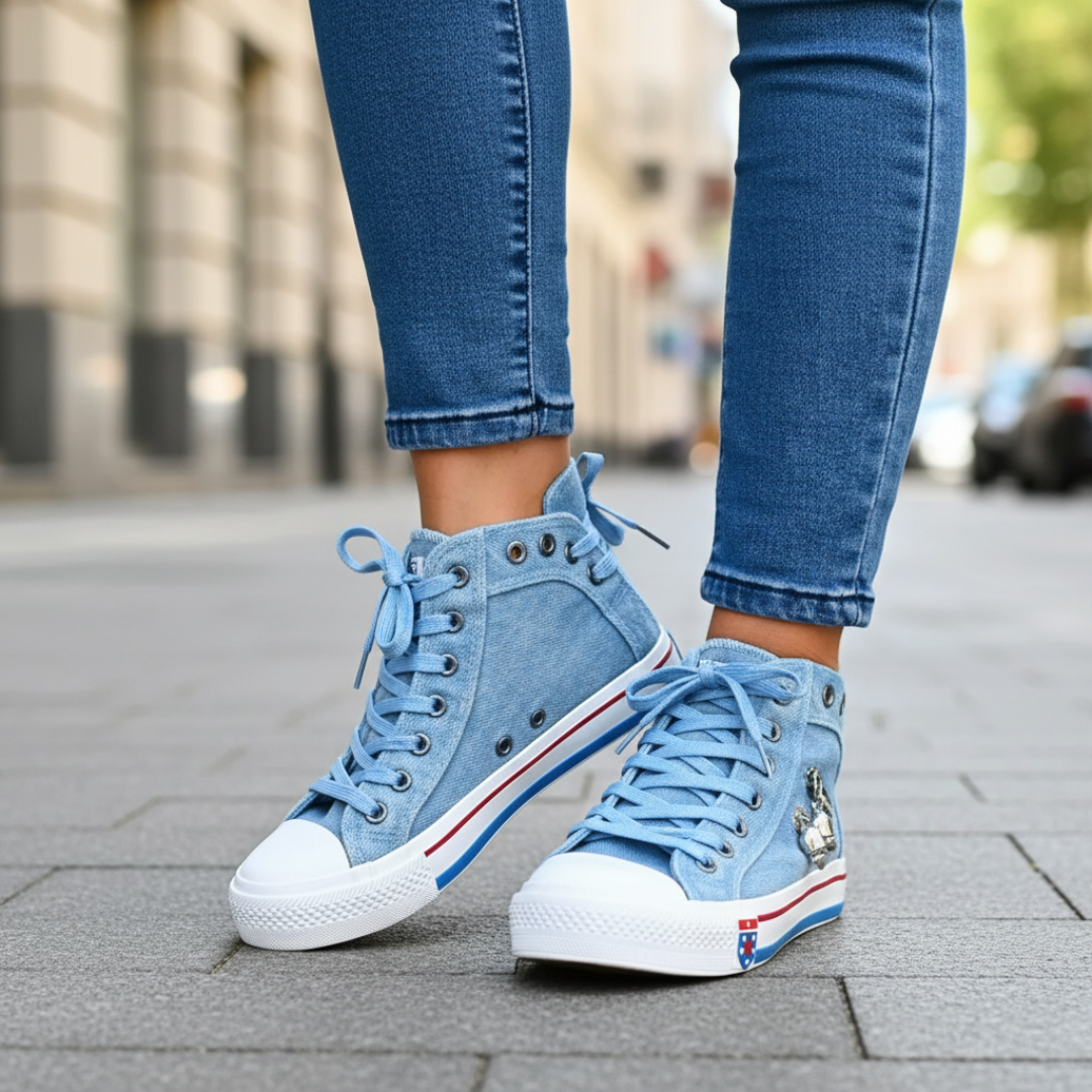 Sneakers Alte Donna in Denim Blu con Doppia Cerniera e Lacci