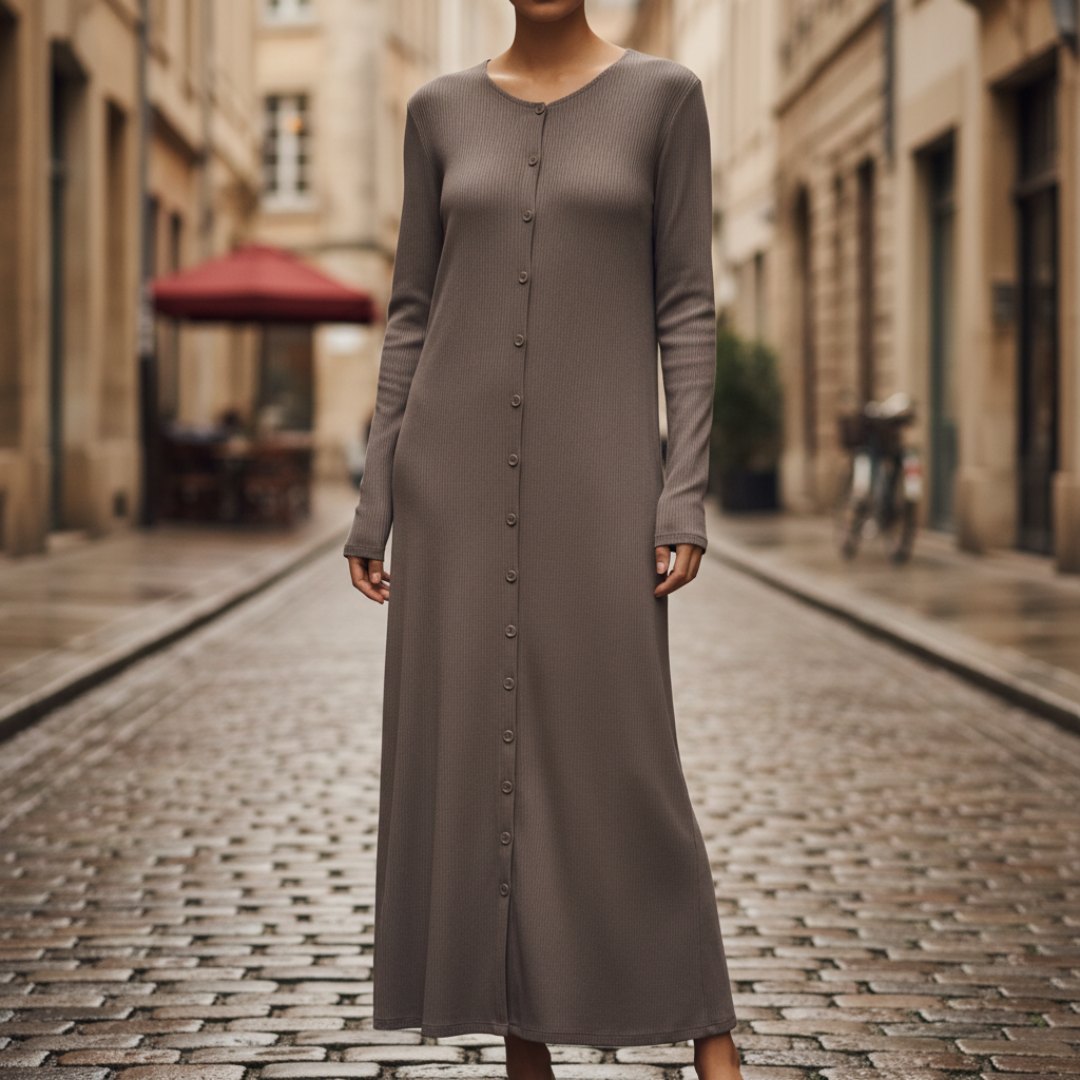 Abito Maxi Donna in Maglia Maniche Lunghe con Bottoni e Tessuto a Coste