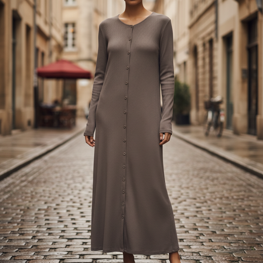 Abito Maxi Donna in Maglia Maniche Lunghe con Bottoni e Tessuto a Coste