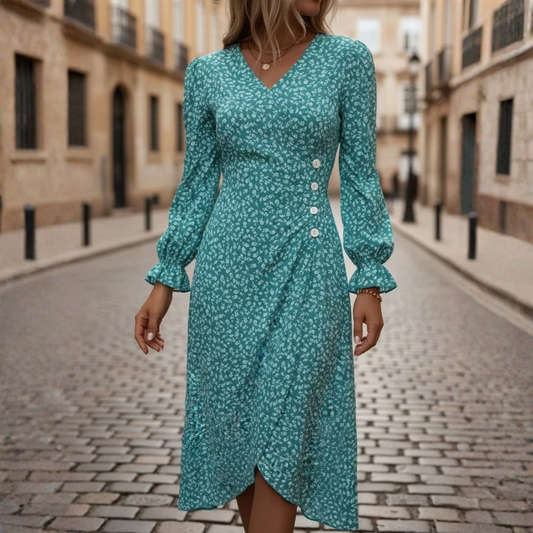 Abito Midi Donna Floreale con Scollo a V e Maniche Lunghe