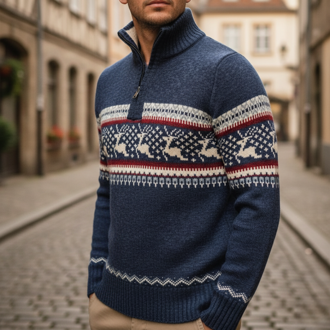 Maglione Uomo con Zip e Motivo Natalizio
