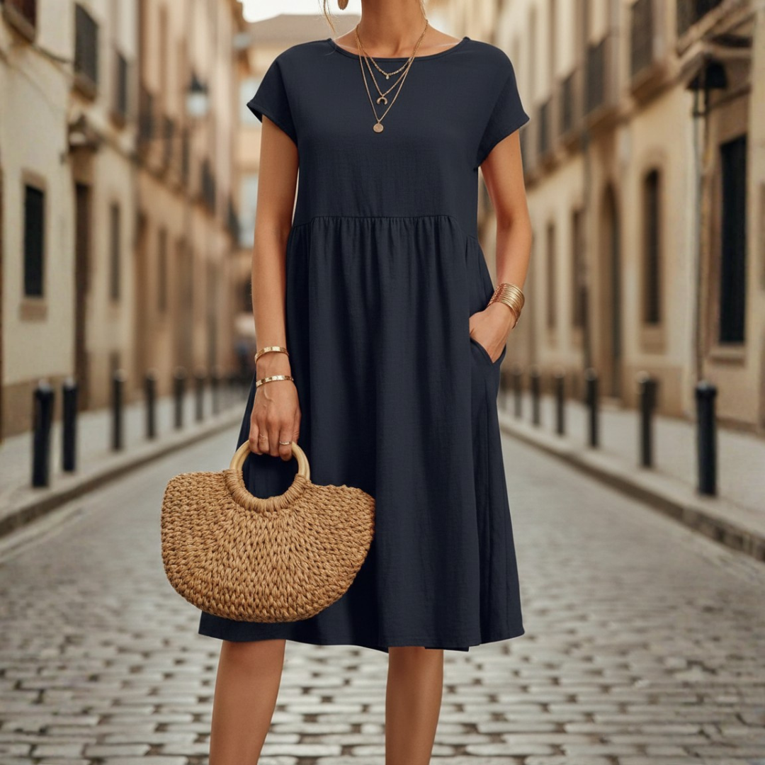 Abito Midi a Balze Maniche Corte Girocollo Donna
