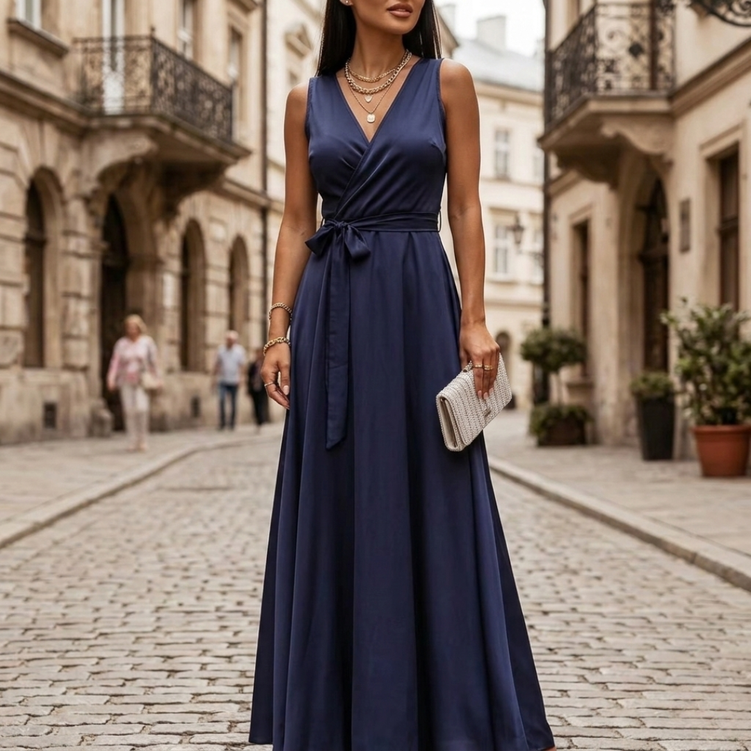 Abito Maxi Donna Elettrico con Scollo a V e Cintura