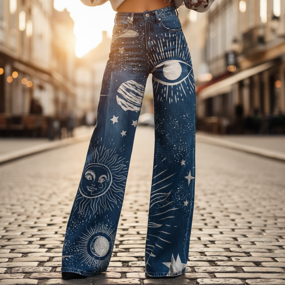 Jeans Donna a Gamba Larga con Lavaggio Sfumato