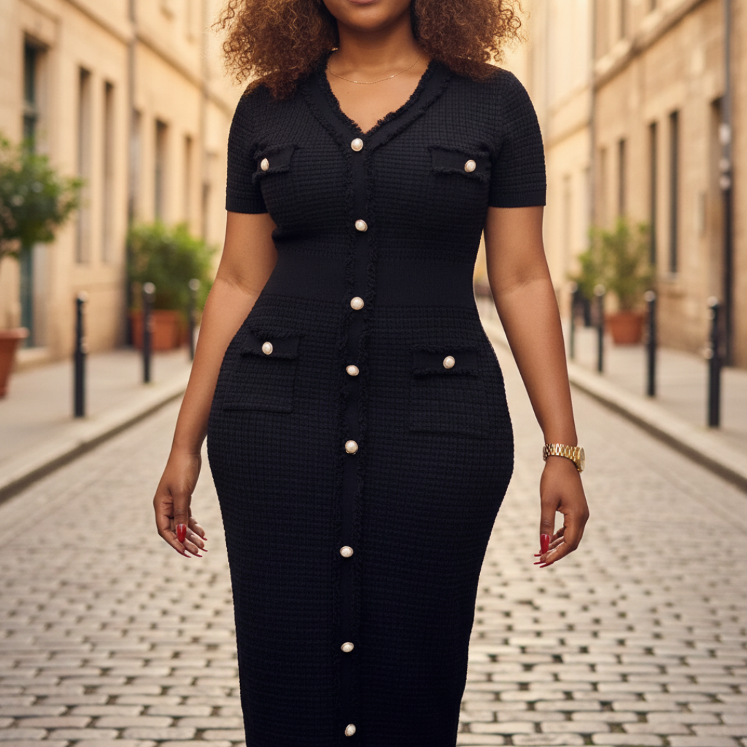 Abito Midi Donna in Maglia con Bottoni e Frange