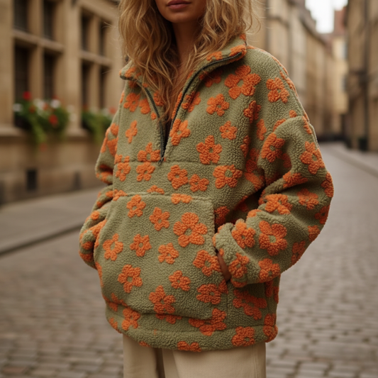 Giacca Donna Fleece Fiore con Zip e Collo Alto