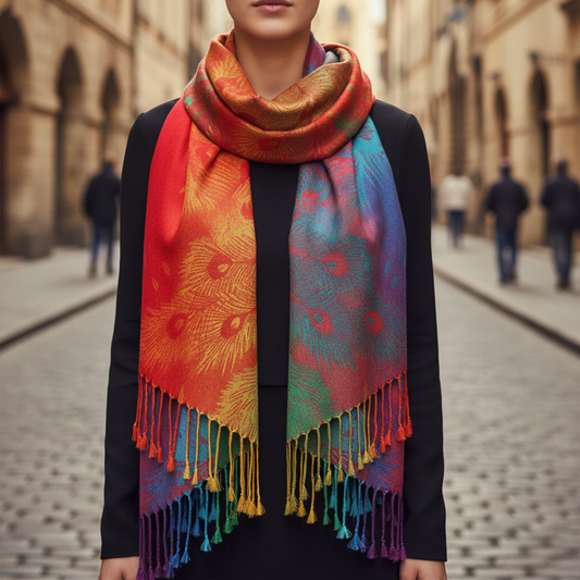 Sciarpa Donna Tessuto Misto Fantasia Pavone Colorata