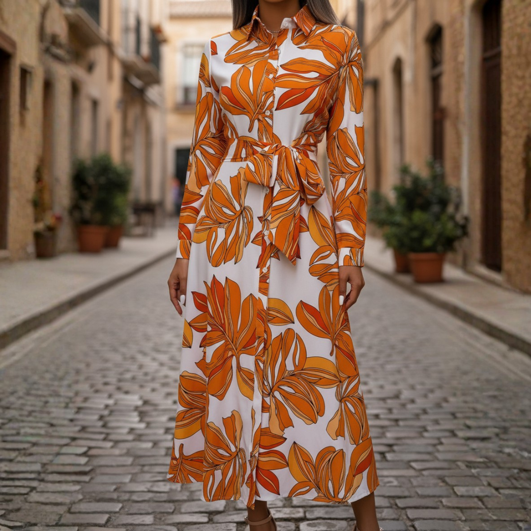 Abito Camicia Maxi Donna con Stampa Floreale Maniche Lunghe e Bottoni