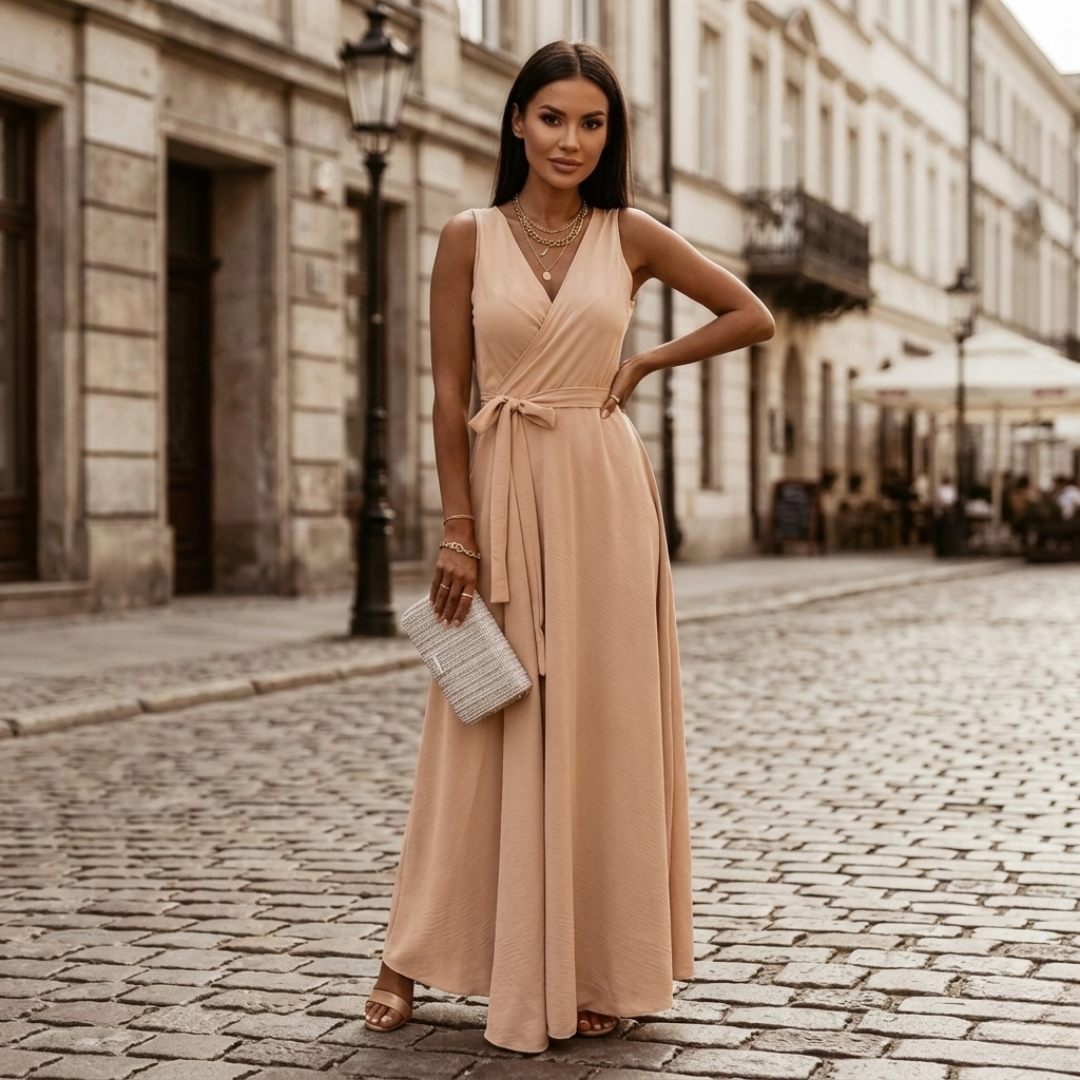 Abito Maxi Donna Elettrico con Scollo a V e Cintura
