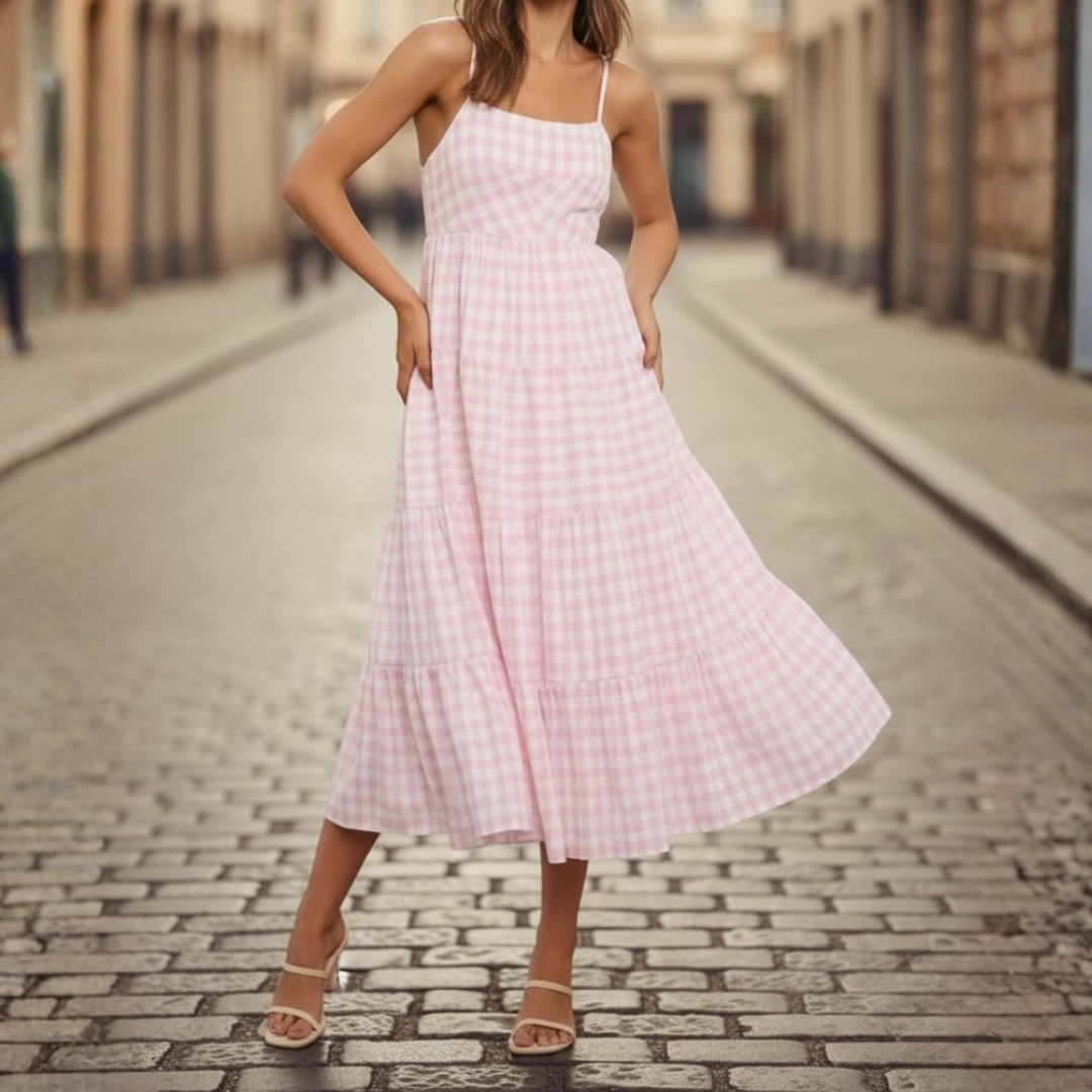 Abito Midi Estivo a Quadretti da Donna con Gonna a Balze