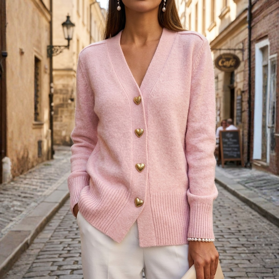 Cardigan Donna in Maglia con Bottoni Dorati a Cuore