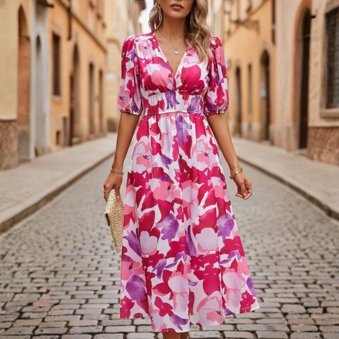 Abito Midi Donna Scollo a V Stampa Geometrica