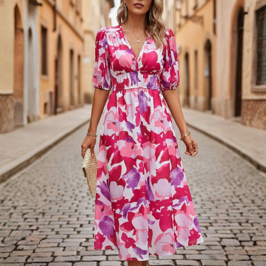 Abito Midi Donna Scollo a V Stampa Geometrica