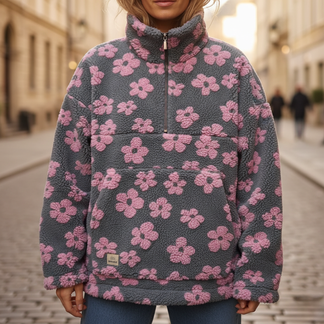 Giacca Donna Fleece Fiore con Zip e Collo Alto